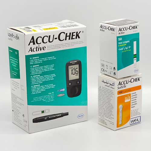 پک دستگاه تست قند خون اکیوچک مدل اکتیو  ACCU-CHEK Active - بهمراه 1 بسته نوار 50 عددی اکتیو و 1 بسته لنست 100 عددی سافت کلیک